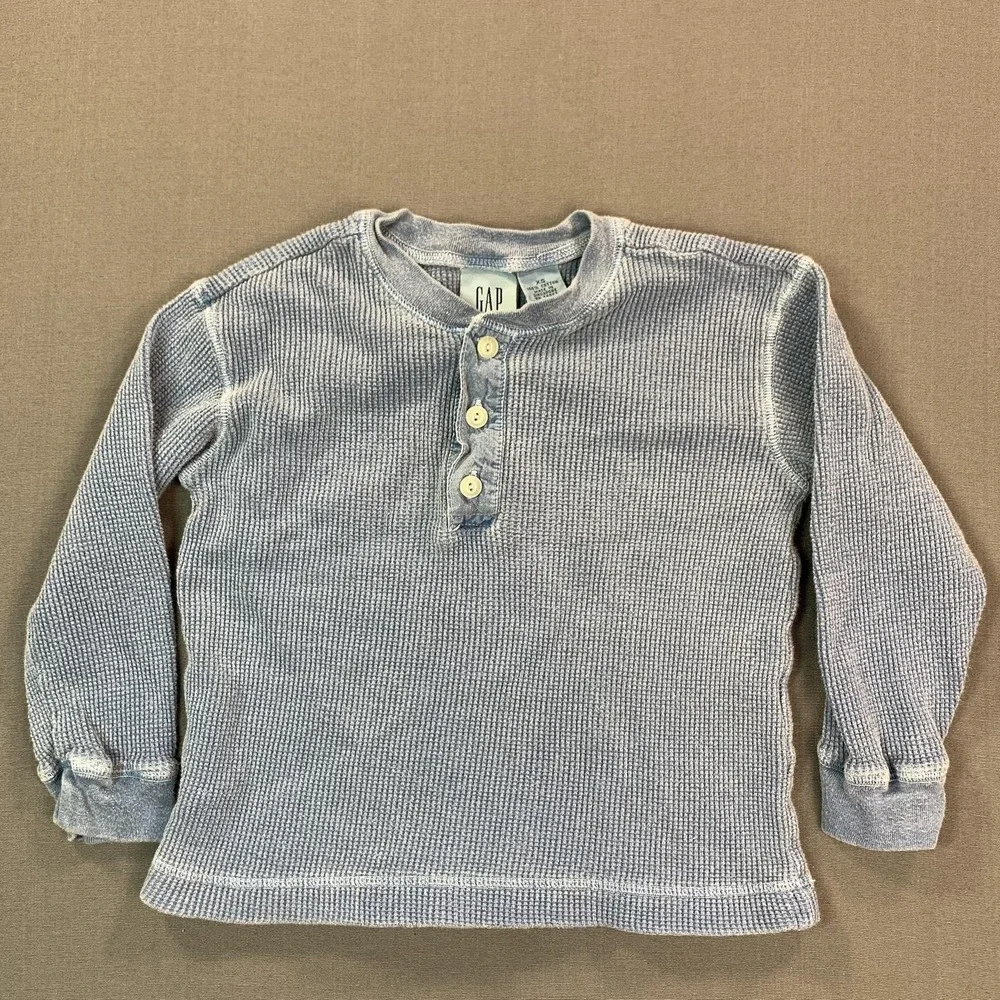 Gap Shirt Kids XS Blue Thermal Henley Long Sleeve Waffle‎ Knit Cotton Casual Top